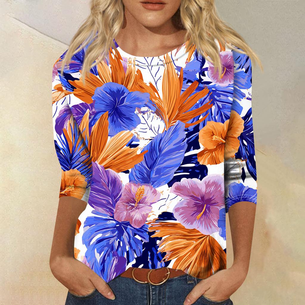 Women's Fashionable Casual Round Neck Three-quarter Sleeve Hawaiian Print T-shirt Top