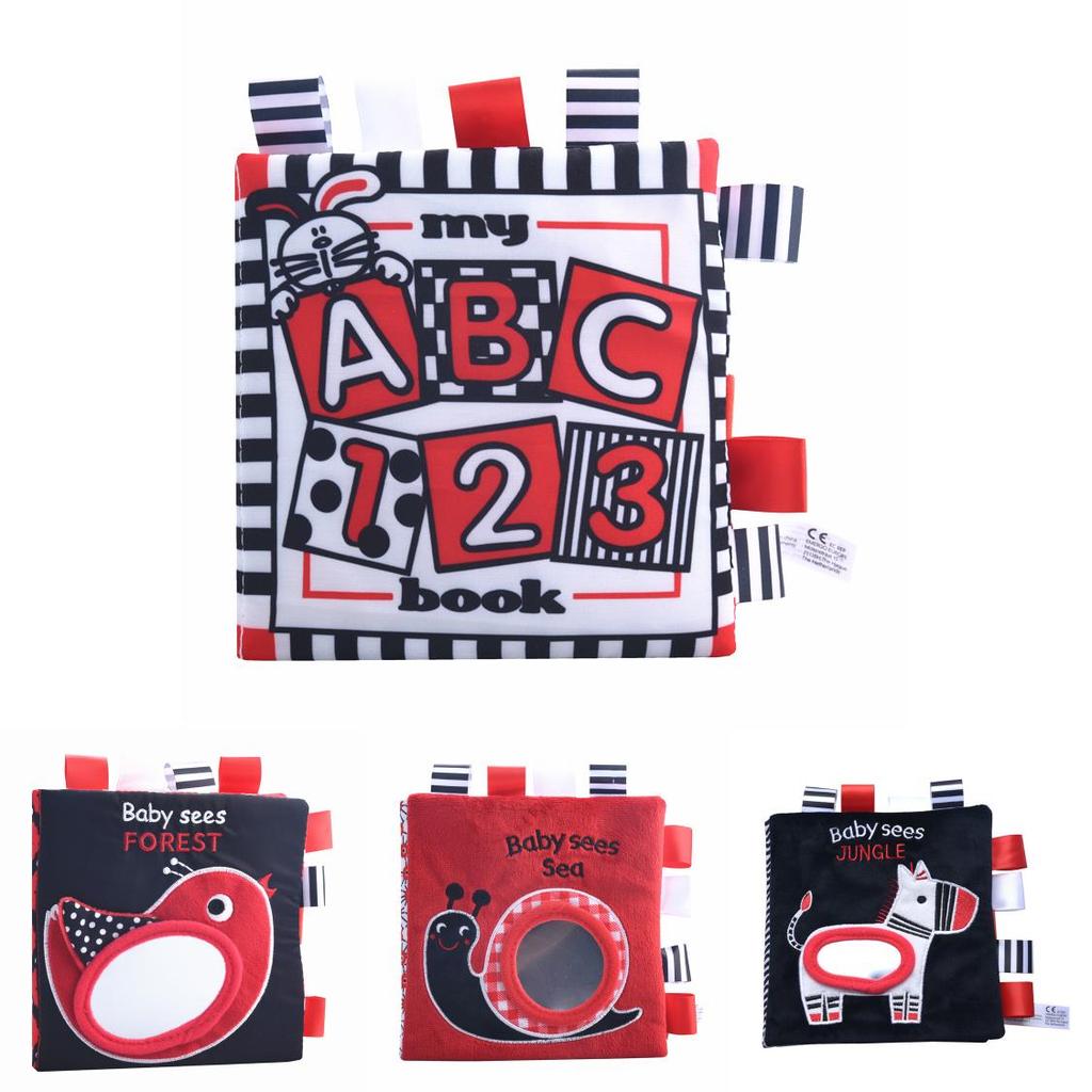 Baby Black White Red Visual Stimulation Book Animal Ocean Tag 3d Cloth Book Early Education Toy