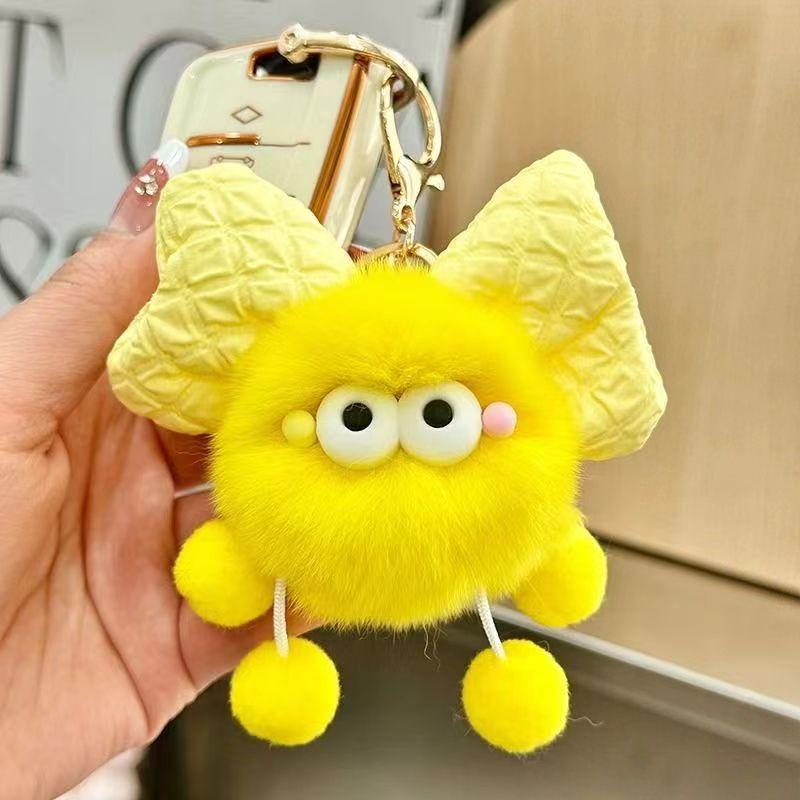 Non-Toxic New Creative Bow Small Ball Plush Car Keychain Lychee Bayberry Fruit Plush Small Pendant Doll Bag Hanging Decoration