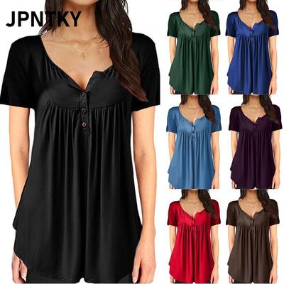 JPNTKY Women's Fashion Casual Solid Color Print Short Sleeve V Neck Blouses & Shirts