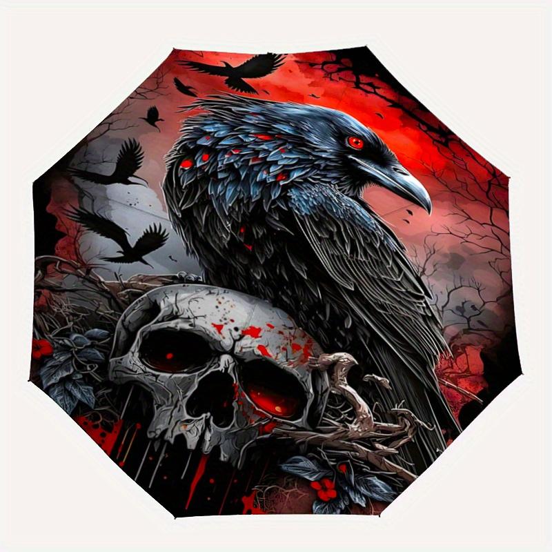 1pc Crow and Skull Pattern Beautiful Looking Automatic Folding Umbrella, 3 Folding, 8 Iron Frame Design, Durable and Suitable for Travel and Dail