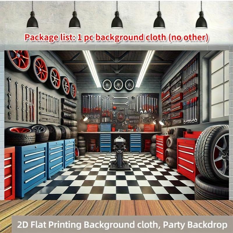 1 piece of 2D flat, retro auto repair shop, polyester photo background cloth, party banner pull-up flags, birthday supplies