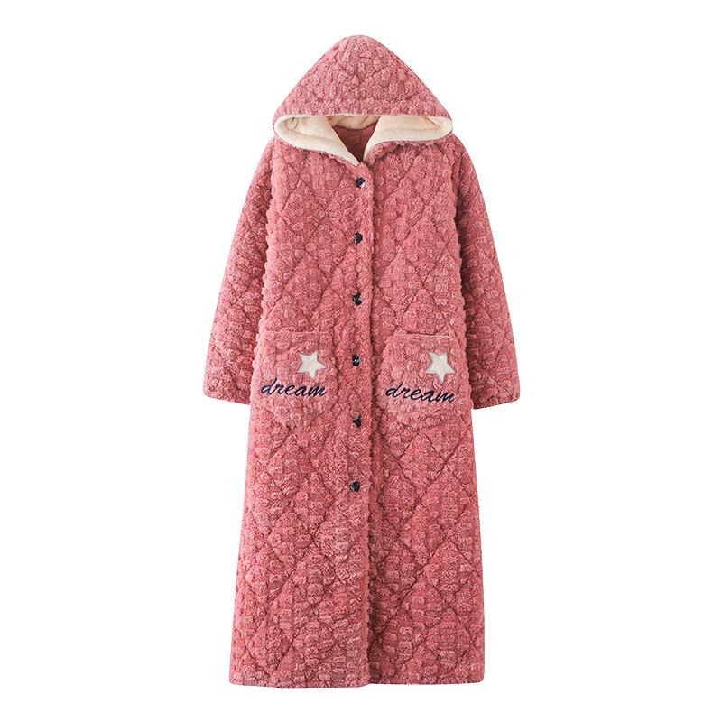 

Женский длинный стеганый флисовый халат с капюшоном - Толстый, теплый и на пуговицах для осени/зимы Size XXL