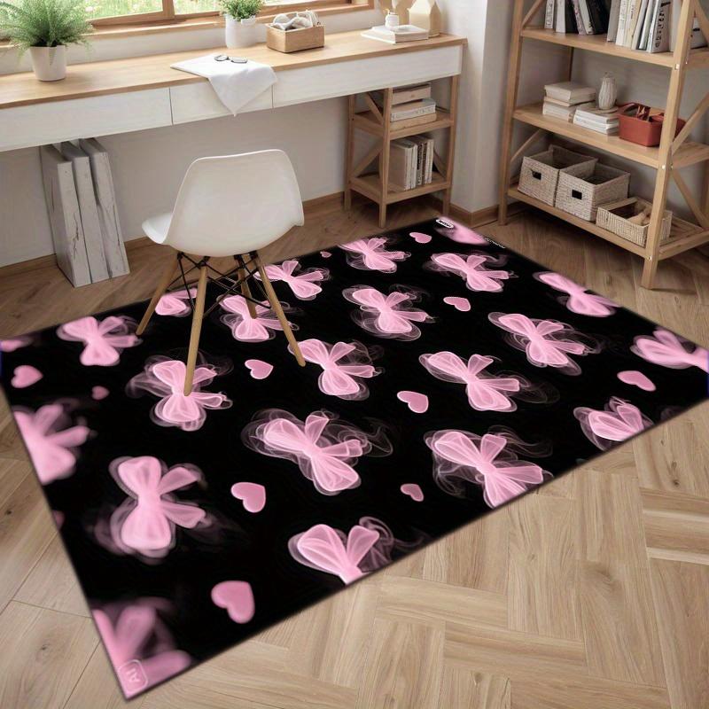 Tappeto Rettangolare Grande con Fantasia Fiocco Nero & Rosa e Cuori in Poliestere, Lavabile a Mano, per Soggiorno, Camere da Letto