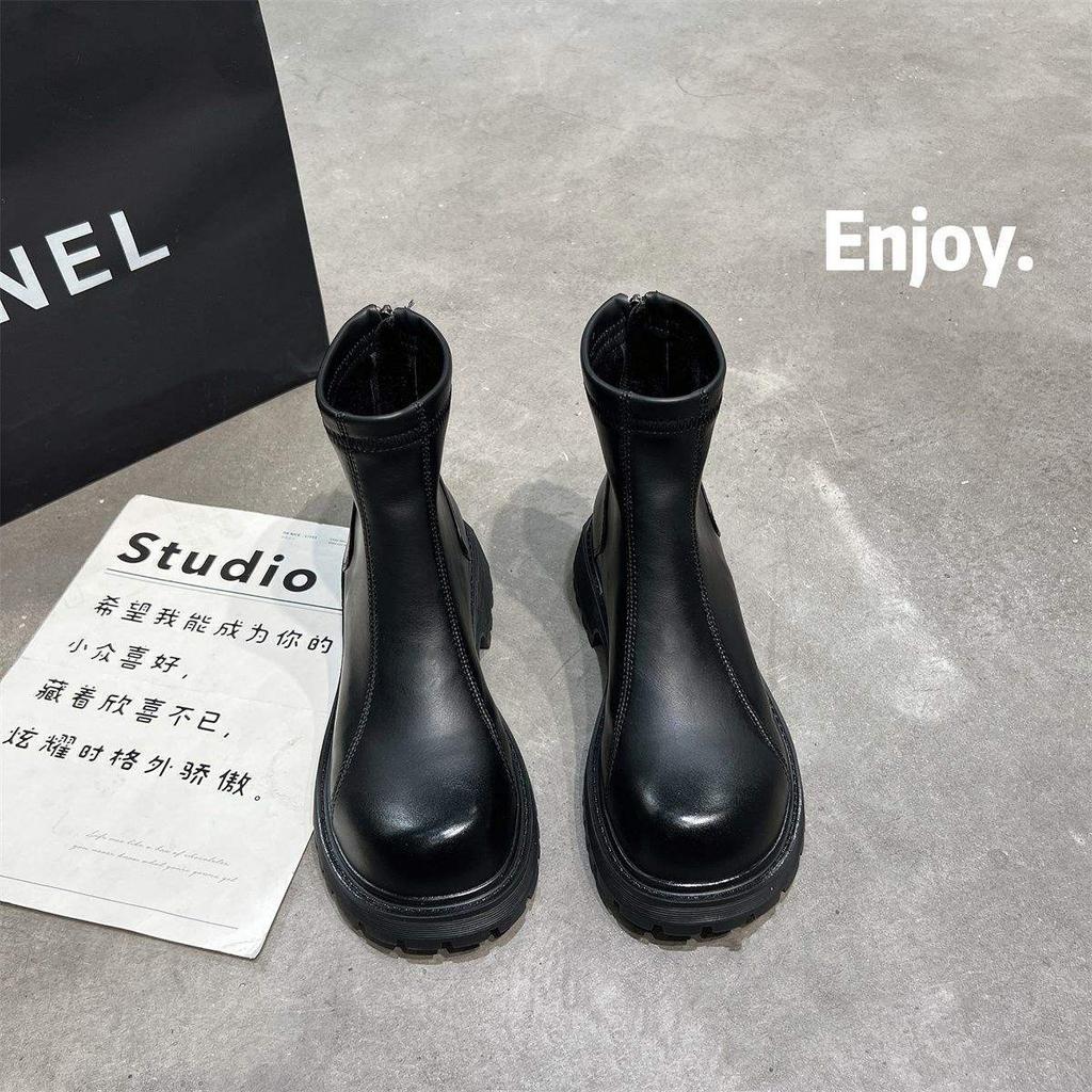 Martin boots women's British style 2025 winter new velvet thick-soled thin boots rear zipper inner heightening Chelsea short boots