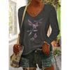 Dragonfly Print Women's Autumn/Winter Top, Daily Versatile Casual Fashion Color V-Neck Long Sleeve T-Shirt