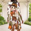 Women Plus Size Round Neck Long Sleeve A Line Flared Dress White Halloween Ghost Pumpkin Printed