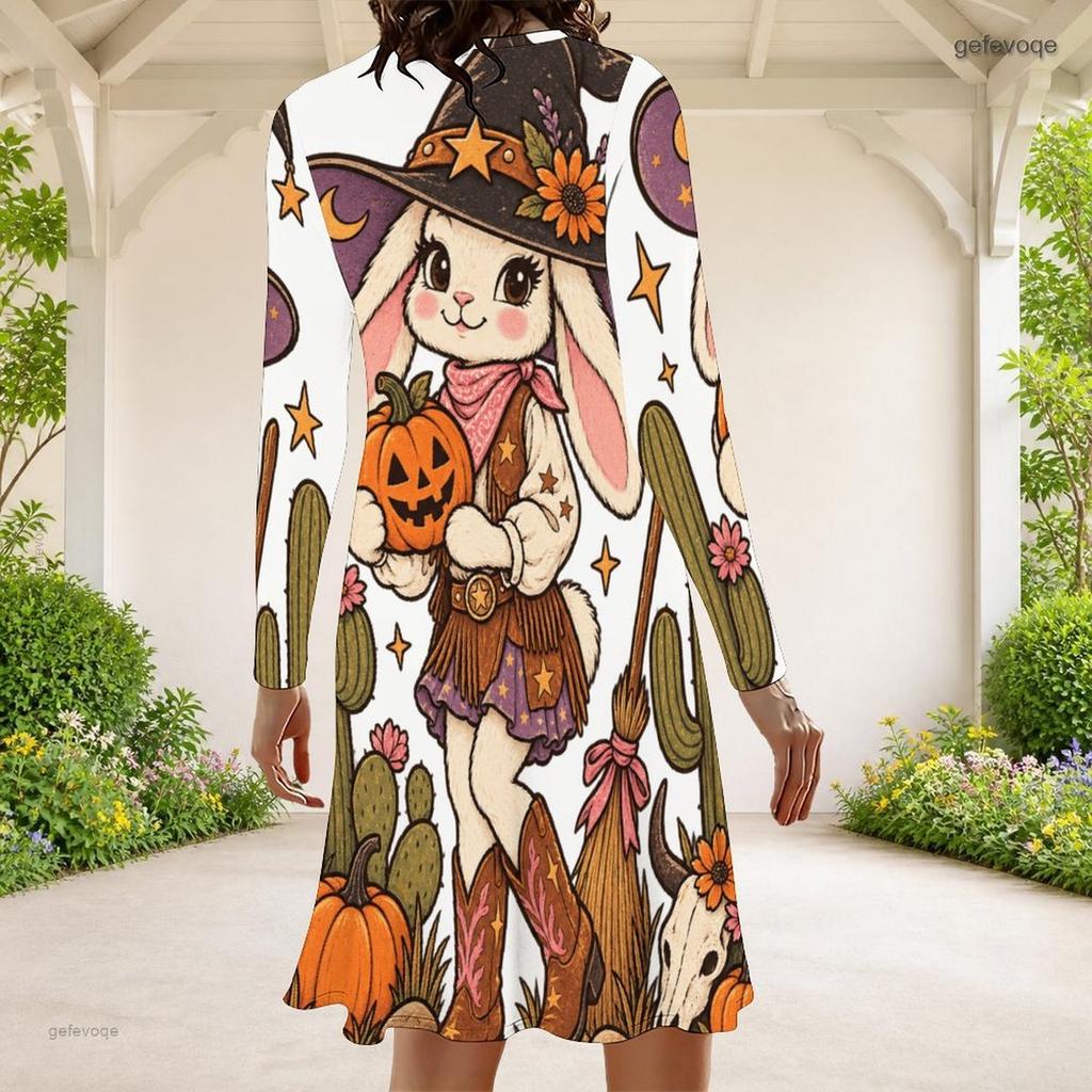 Women Plus Size Round Neck Long Sleeve A Line Flared Dress White Halloween Ghost Pumpkin Printed