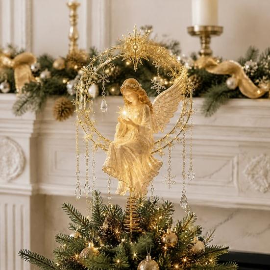 Holiday Ornament for Christmas Tree Angel Topper, Acrylic Winged Treetop with Indoor Decoration Spring Base Xmas Tree, Home Party Decor Table