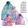 100pcs Organza Gift Bag Jewelry Packaging Drawstring Bag Multi-size Colorful Trees Printing Wedding Candy Bag Party Supplies