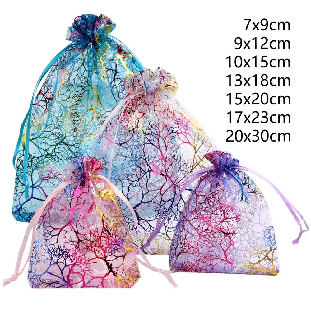 100pcs Organza Gift Bag Jewelry Packaging Drawstring Bag Multi-size Colorful Trees Printing Wedding Candy Bag Party Supplies