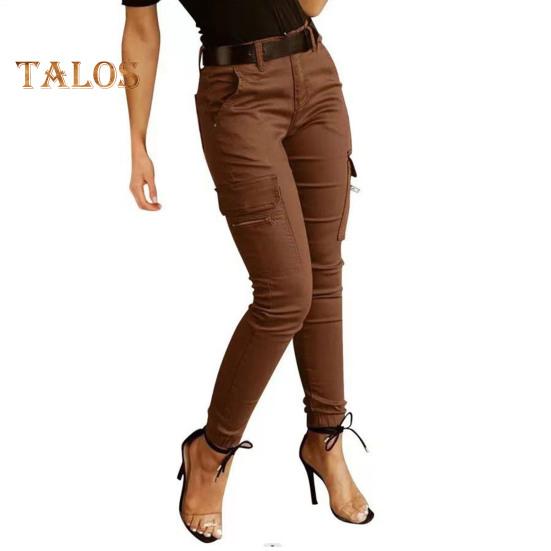 Pantaloni cargo slim fit pentru femei cu talie joasă, cu fermoar, cu fermoar, de culoare uni, pantaloni creion, cu mai multe buzunare, jambiere cu design