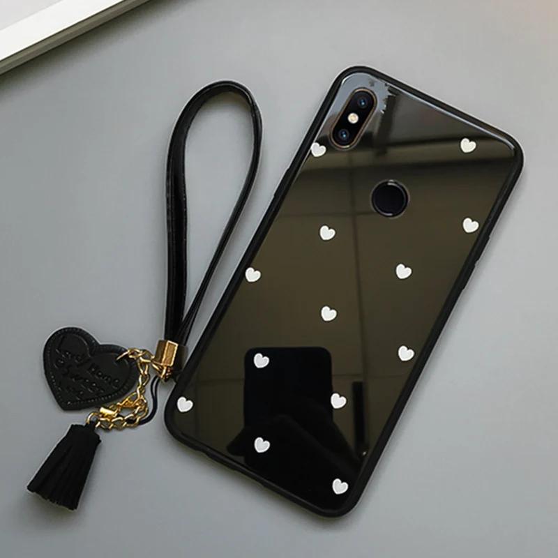 For Xiaomi Redmi Note 9 Pro Max 8 Pro Case Tempered Glass Love Heart Back Cover Tassel Lanyard For Redmi Note 13 Pro Plus 12 Pro