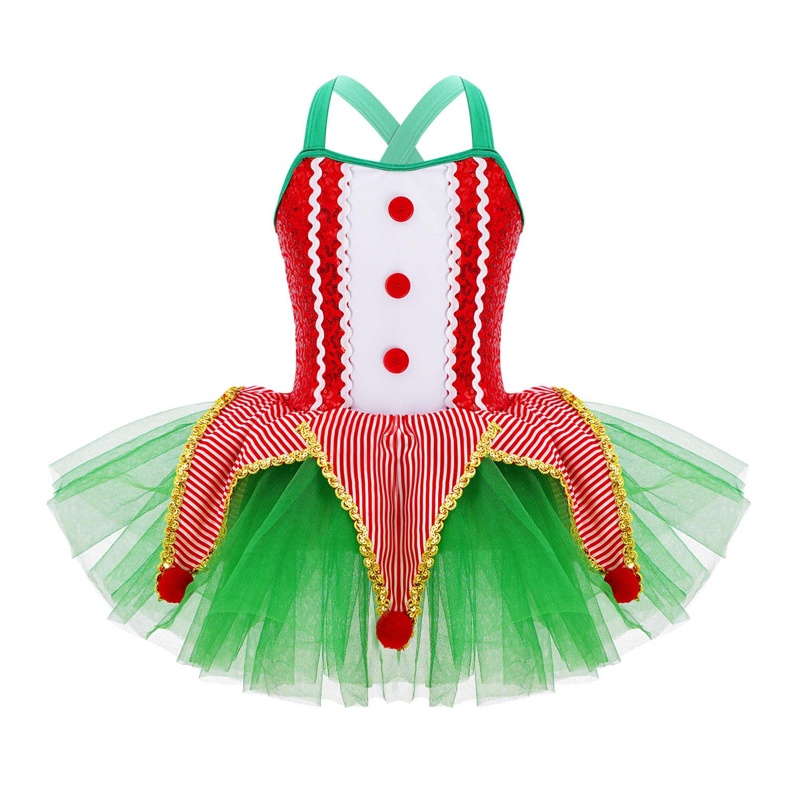 

Girls Dance Dress Sleeveless Crisscross Back Button Front Sequins Plush Balls Decor Ruffle Tutu Mesh Costume червоний