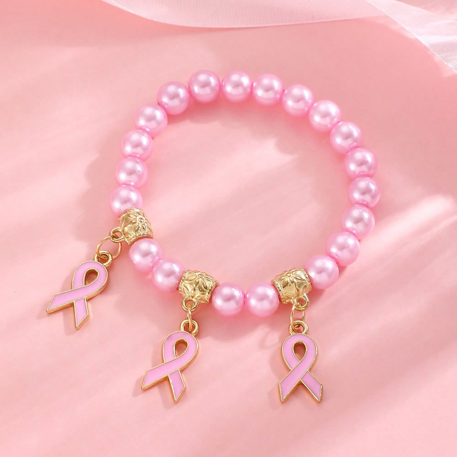 

Pink Ribbon Breast Cancer Awareness Faux Pearl & Rhinestone Beaded Bracelet, Suitable For Daily Wear Or Holiday Gift Style G-525