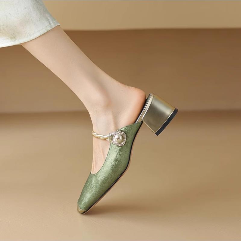 Fashion Women Baotou Half Slippers Summer Luxurious Elegant Artificial Leather Barefoot Print Women Outdoor Fashion Low Heel Slippers