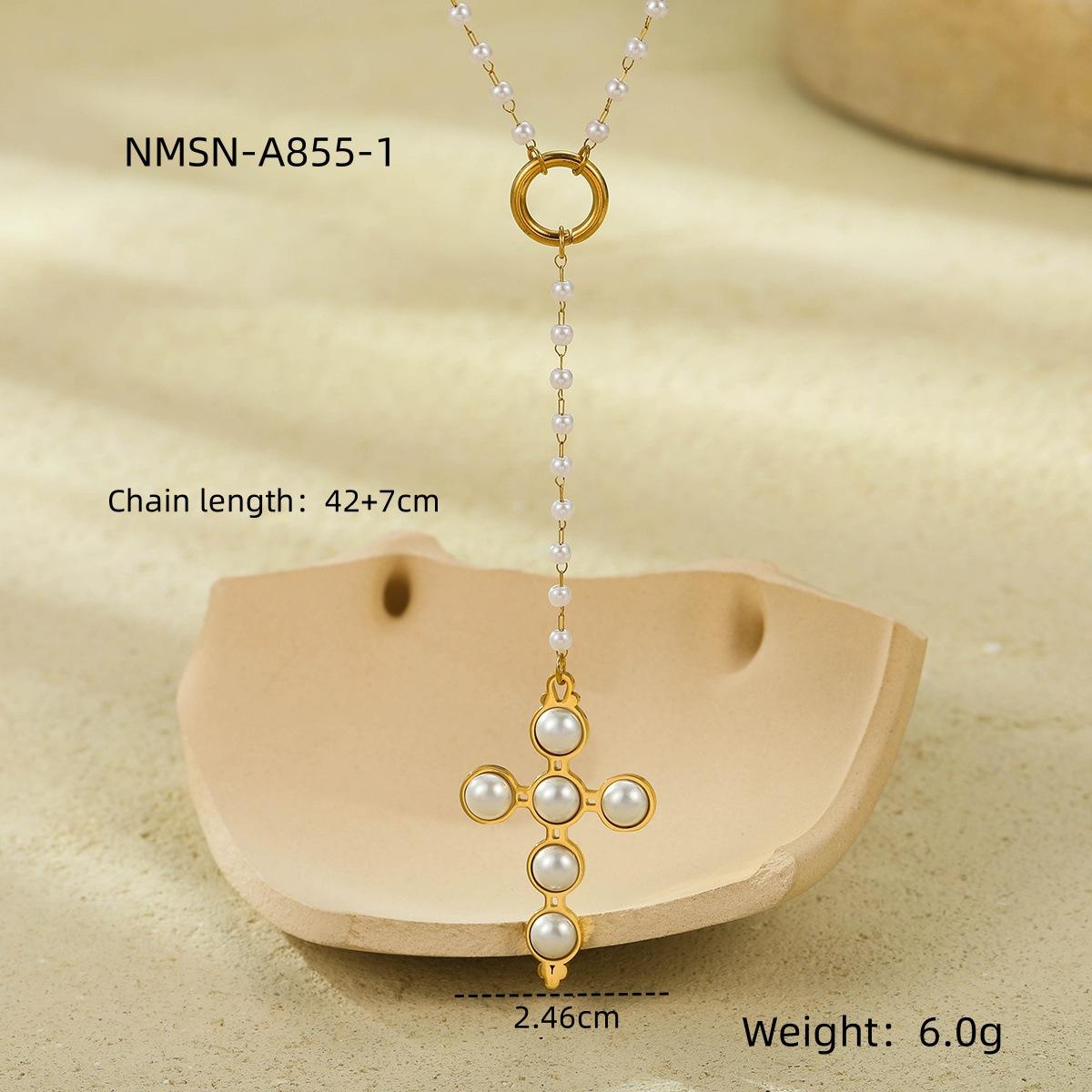 GEMCHIC Women s Vintage Pearl Cross Pendant Necklace Gold Plated Stainless Steel Adjustable Collarbone Chain Elegant Religious Jewelry