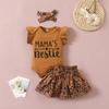 Infant Baby Girls Letter Leopard Fly Sleeve Romper+Dress+Hairband Outfits Sets