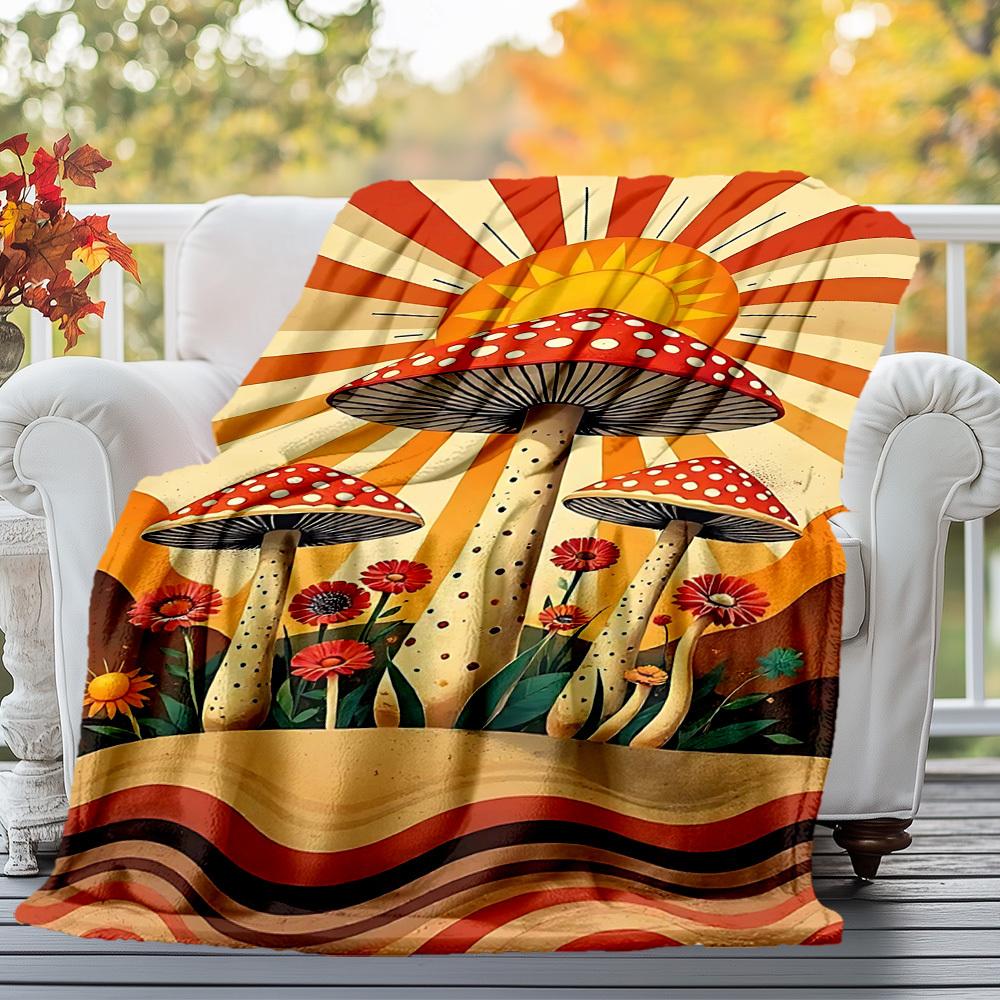 1pc Mushroom Sunburst Outdoor Flannel Blanket Soft Warm All-Season Throw for Sofa Bed Car Camping Office, Cozy Gift Idea1168S