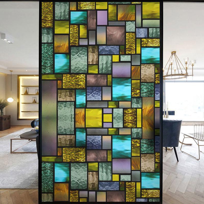 Colorful Stained Frosted Glass Film Modern Art Geometry Pattern Window Stickers Opaque Self-adhesive European Home Decor Privacy