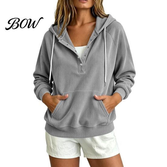 Solid Color Hoodie with Pocket Autumn Women Corduroy Kangaroo Pocket, Long Button Collar Sleeves Pullover Sweatshirt, Drawstring Casual Hooded Top S