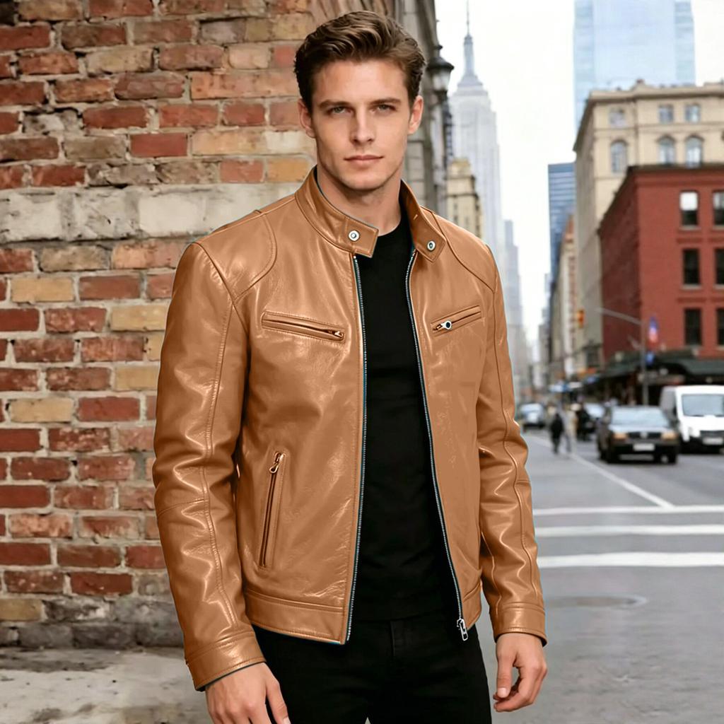 Men's slim-fit PU leather jacket stand-up collar locomotive jacket autumn and winter trend short jacket fashion casual leather jacket