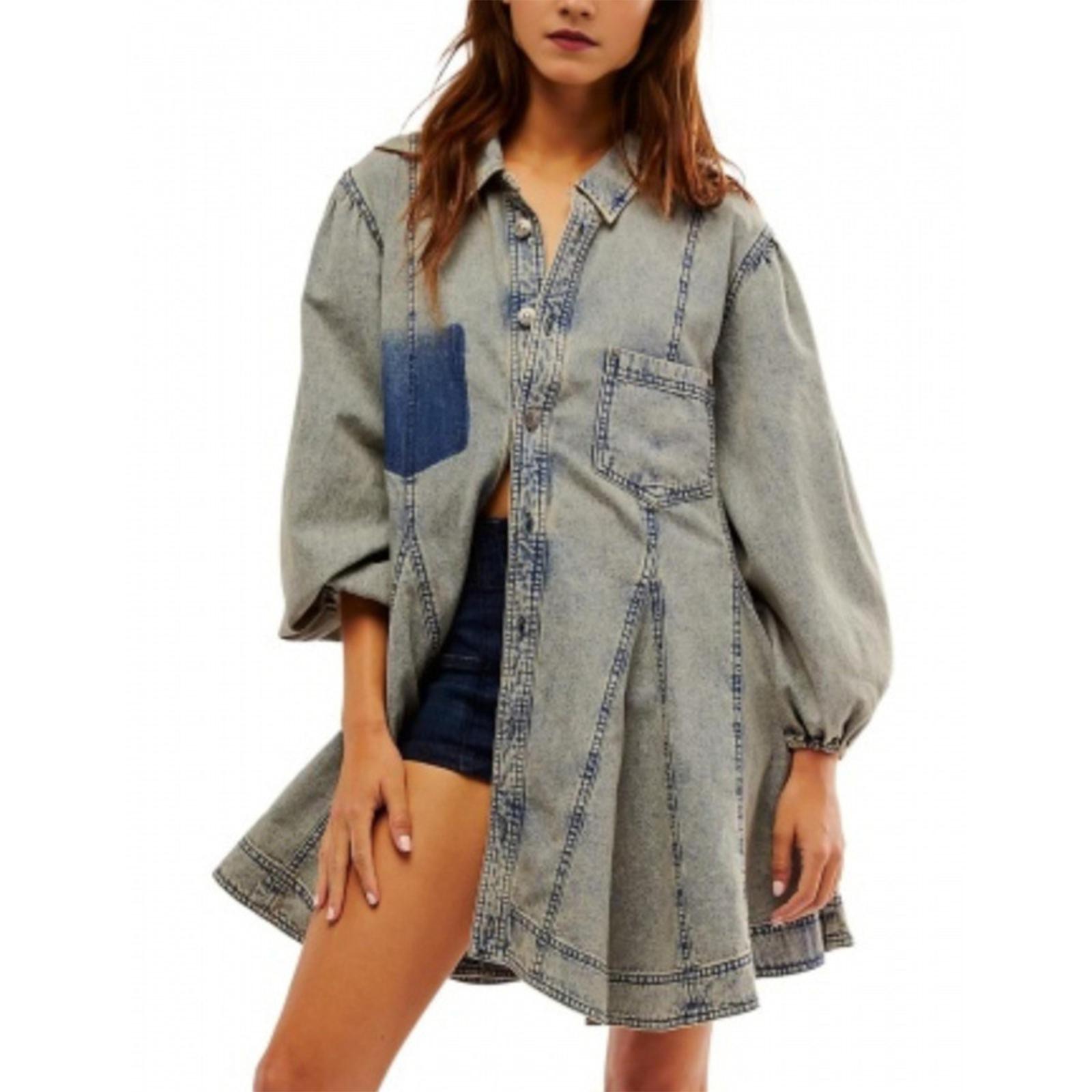 

Women s Long Lantern-sleeved Button-down Shirt Denim Dress M