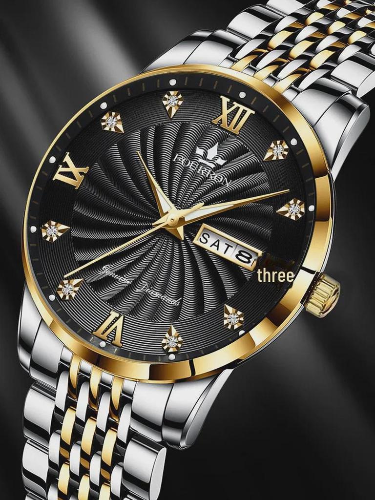 Men's Diamond Quartz Watch with Luminous Double Calendar