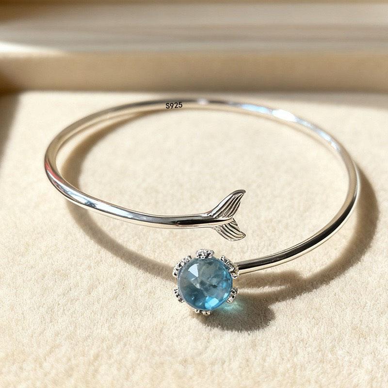 

100% Solid 925 Sterling Silver Retro Bracelet for Women Geometric Handmade Blue Stone Fish Tail Simple Bracelet Birthday Gift