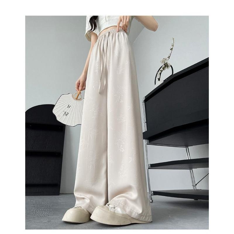 New Summertime Draped Chinese Style Wide-leg Pants for Women's Jacquard Design, Small Straight and Versatile Elastic Waist Trousers