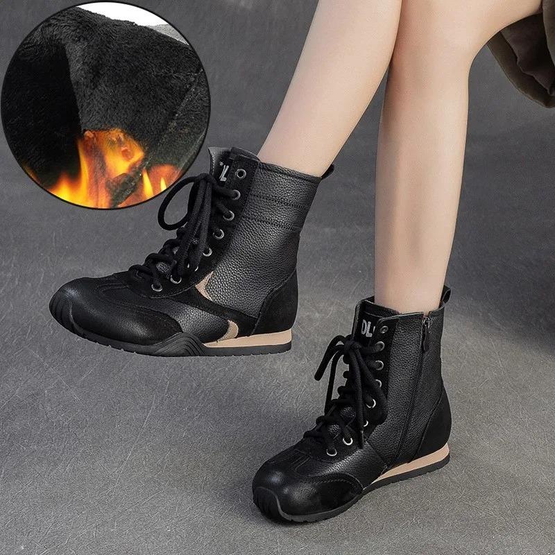 Johnature Plush Warm Retro Short Boots Genuine Leather Flat Cotton Shoes Commuter Women's Shoes