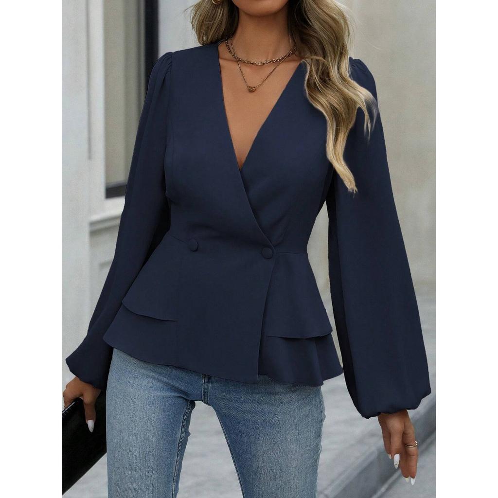 Damen einfarbiges doppelreihiges langärmliges Oberteil mit elegantem V-Ausschnitt und plissiertem Design, geeignet für Dates und Arbeit, kombiniert