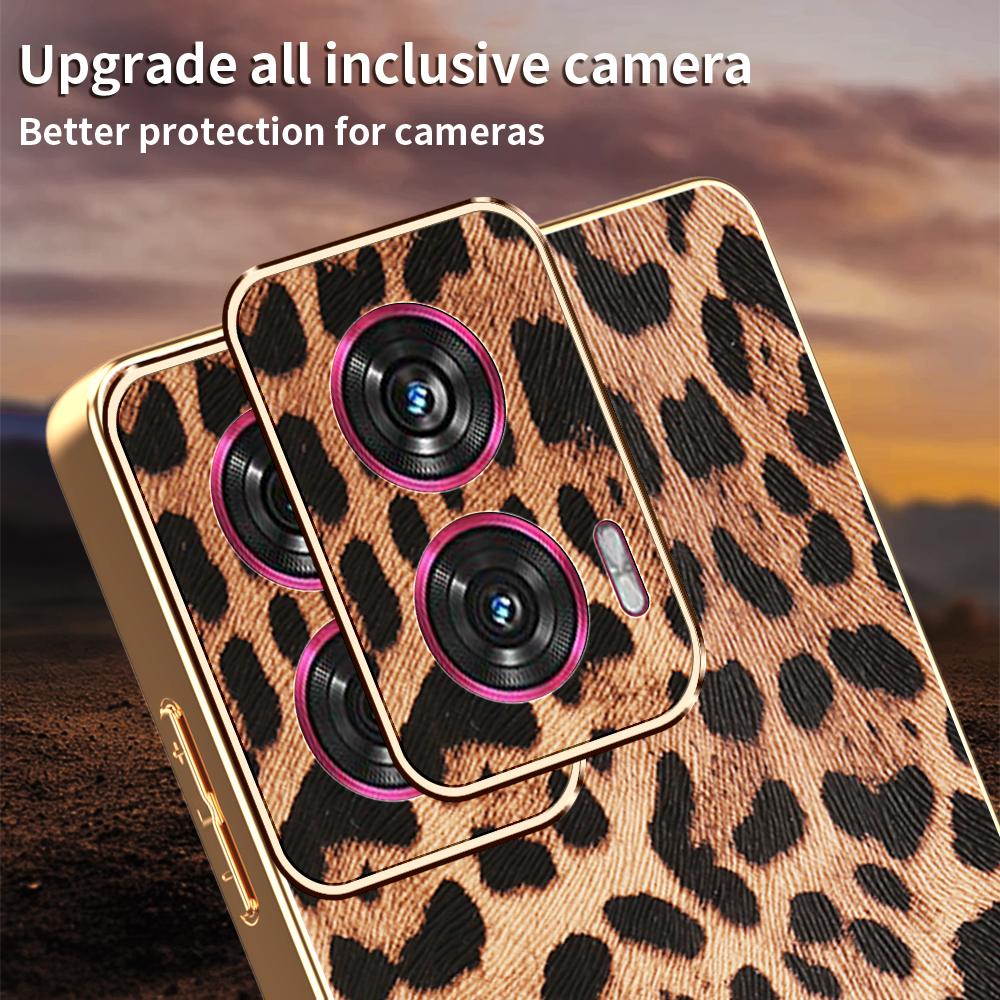 For Motorola Edge 50 Fusion 5G Case Leopard Print PU Leather Coated PC+TPU Electroplating Phone Cover