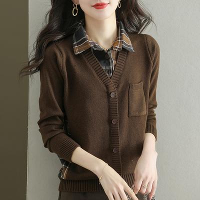 2024 Women's Spring Autumn Bottom Shirt Fake Two Piece Knitted Long Sleeve Tops Short Cardigans Sweater Femme Casual Knitwears Coat