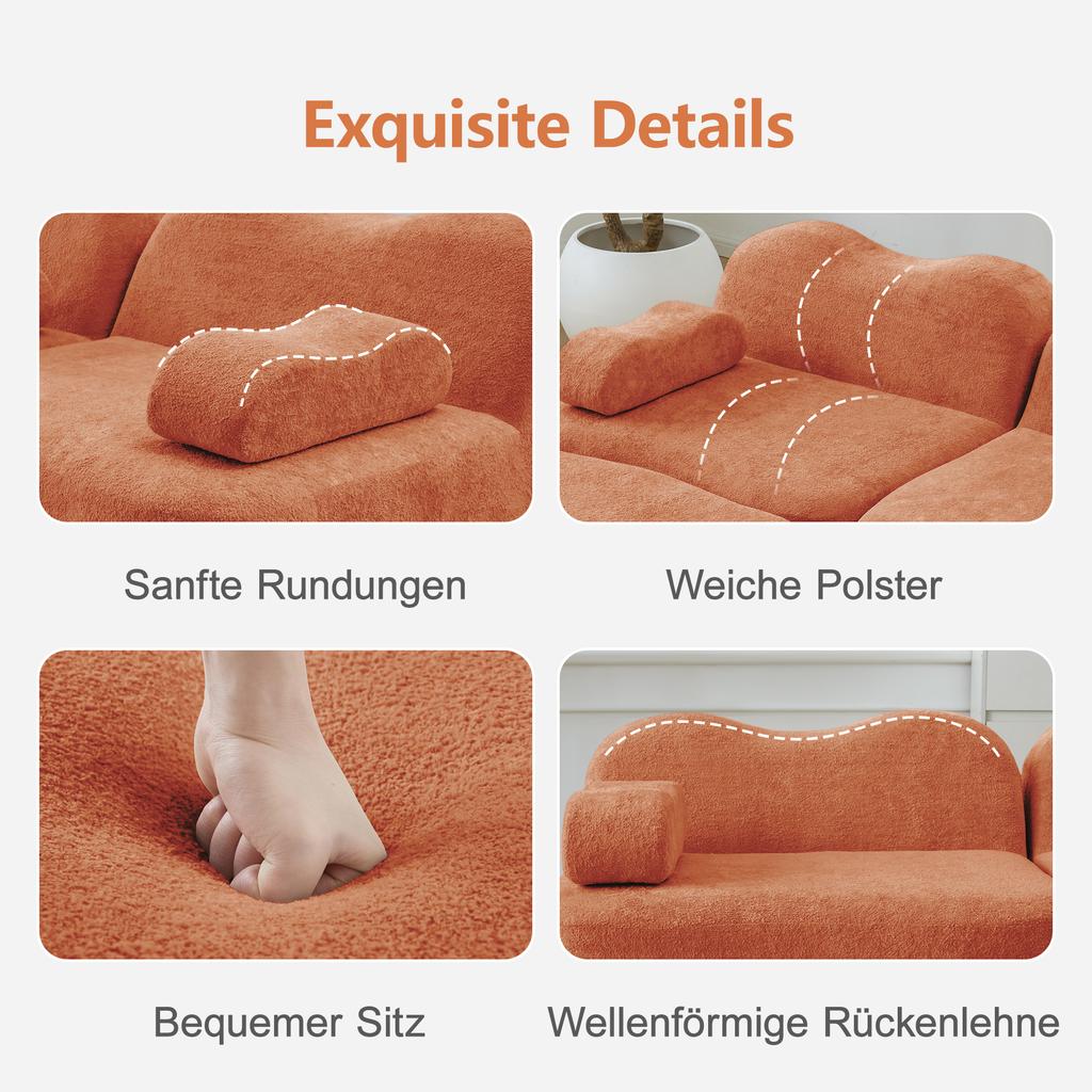 2-Seater L-Shaped Modular Boneless Sofa with 1 Ottoman, Wave Shape, Movable Armrest Cushion, for Living Room & Apartment, No Assembly Required, Orange