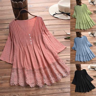 Dámské vintage volánkové tříčtvrteční krajkové top tričko halenka s výstřihem do V plus size