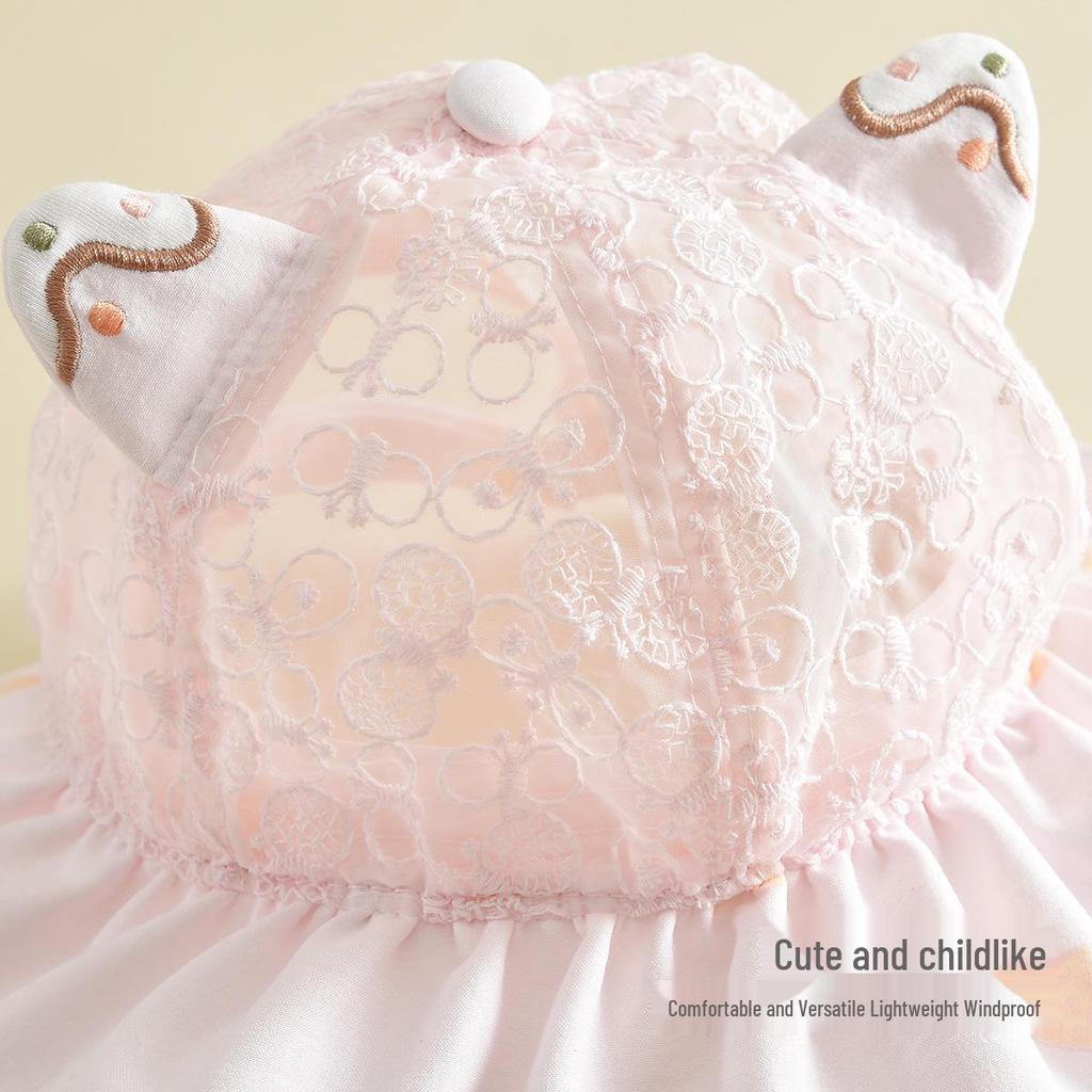 Children's Cartoon Cat Ear Lace Bucket Hat - Breathable, Versatile, with Wide Brim for Sun Protection
