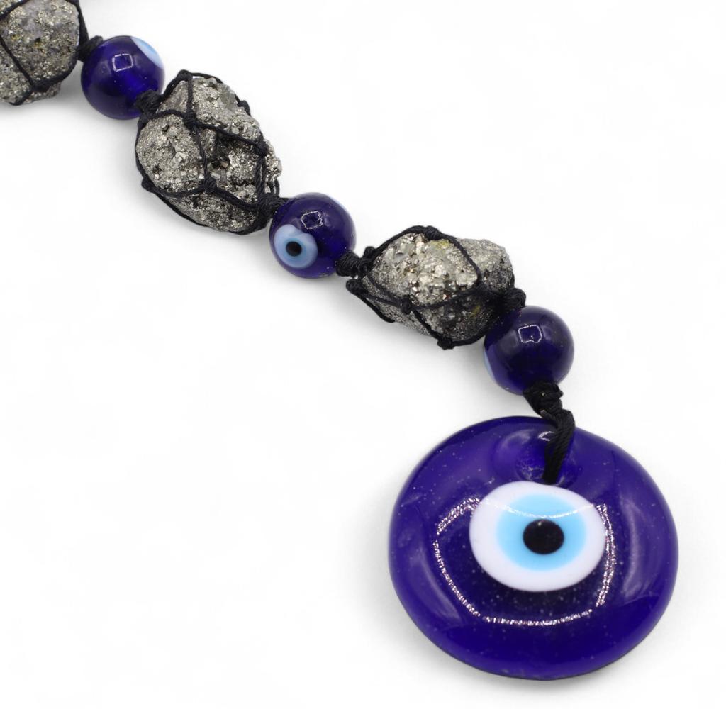 Hanging Stone Pendant – Pyrite Stones & Beads- Evil Eye