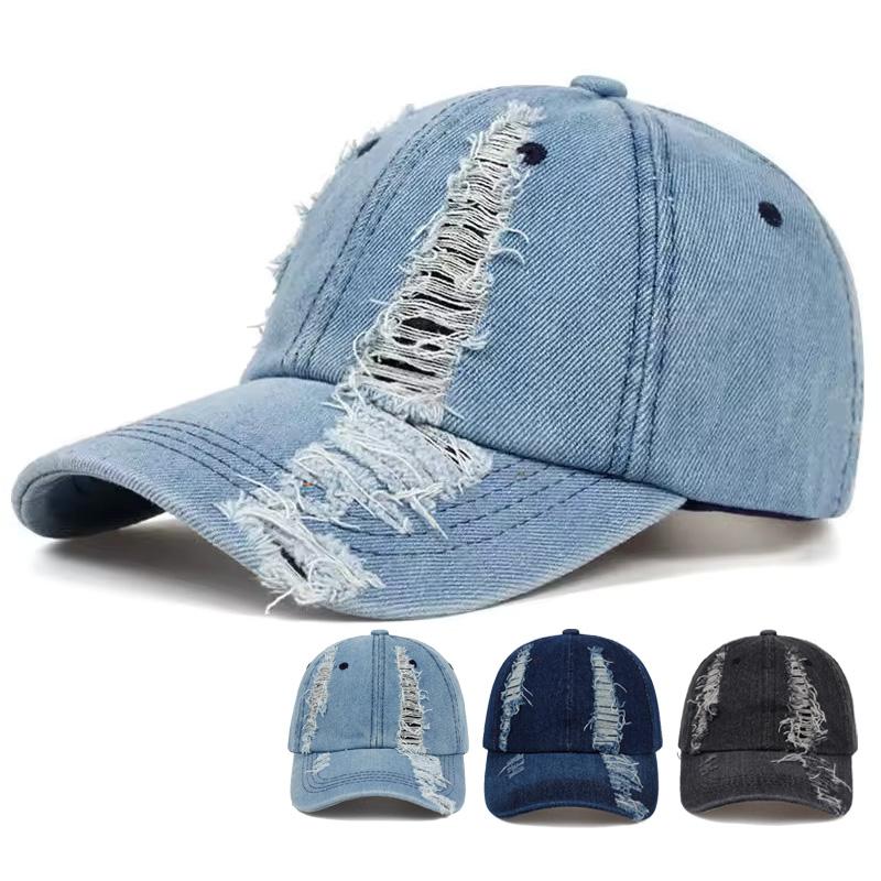 Yto Household Items Women's Color Ripped Baseball Cap Washed Denim Snapabck Hat Hip Hop Air Permeable Street Stylewear Distresseded Hats For Men Latest Solid Color 54-61Cm