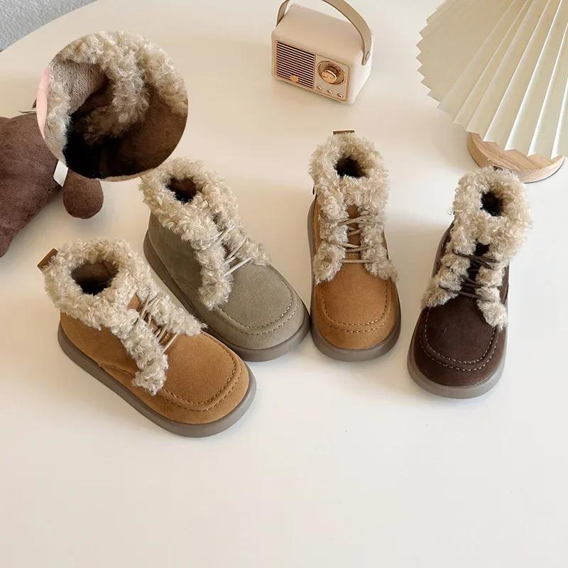 2024 Children Plush Leather Boots for Girls Winter New Fashion Korean Style Soft Bottom Anti-slippery Versatile Chic Warm Shoes