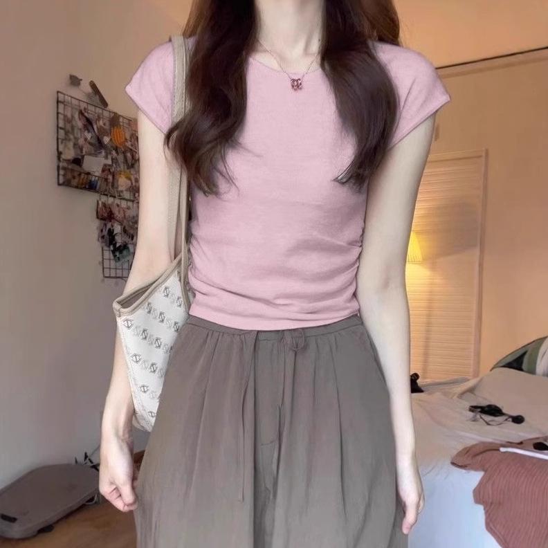 

2025 Korean Style Women s Slimming Cap Sleeve Knitted T-shirt - Slim Fit Summer Top One Size (Suggested for up to 125 pounds)