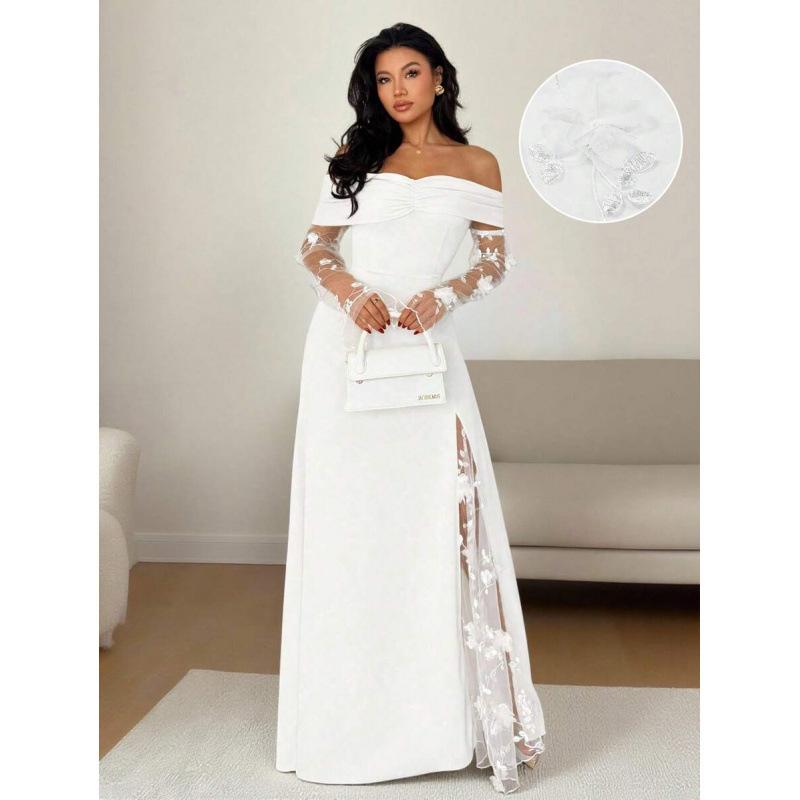 European and American one-word shoulder spell long-sleeved dress women's 2026 summer new fashion temperament skirt