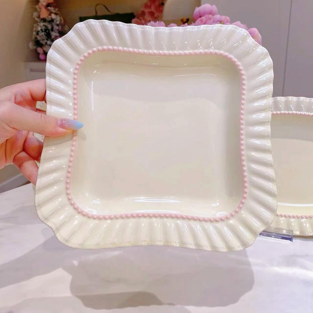 Cream Style Ceramic Square Plate, Straw Hat Plate, High-end Thickened and Heat-resistant Plate, High-value Vegetable Plate