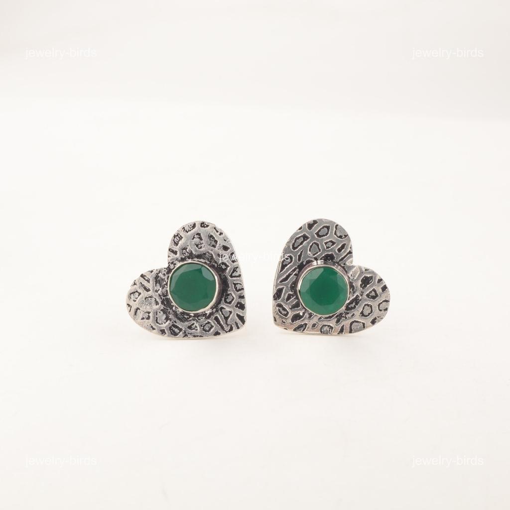 Brincos Stud Redondos de Ônix Verde Natural Prata 925 Presente de Aniversário Joia Art Déco EE-143-10