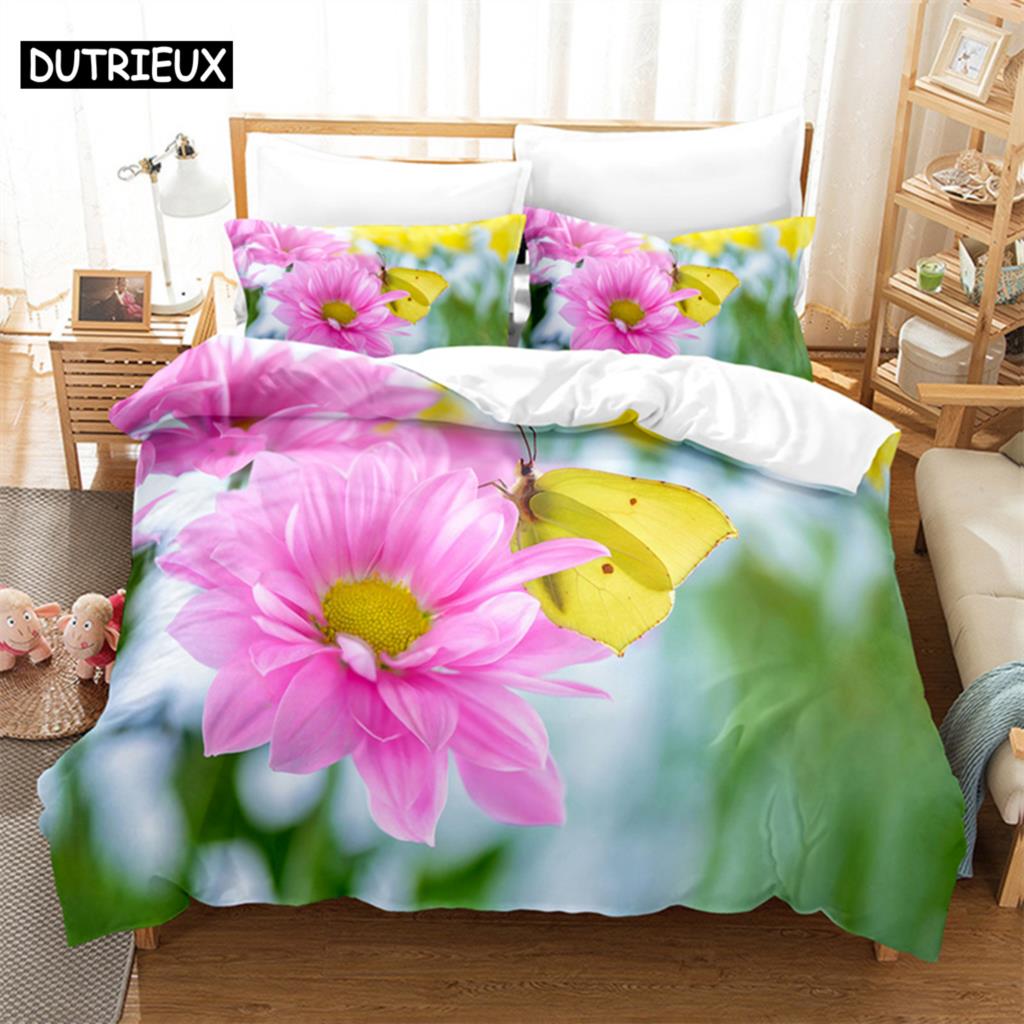 Flowers Green Leaves Queen Bedding Set Duvet Cover Bedroom Bed Set Comforter Cover Set King Size Duvet Cover Set Bedding Sets