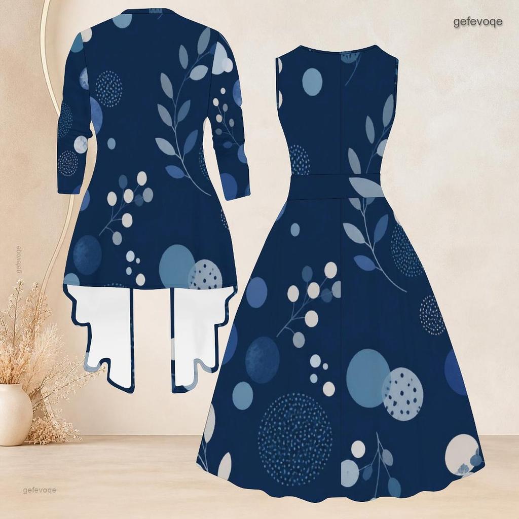 Women Plus Size Two Piece Set Printed Sleeveless Round Neck Tie Waist Flared Dress And Three Quarter Sleeve Cardigan