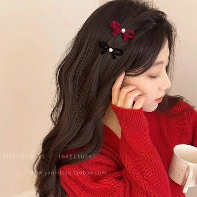 2023 Christmas Pearl Hair Clip: Cute Wine Red Bow for Bangs & Sides
