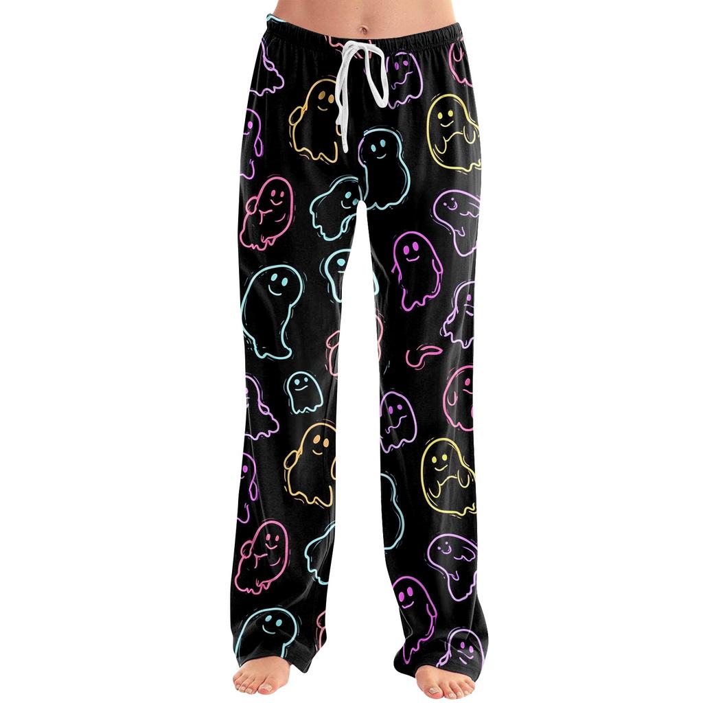 Damen Halloween Print Kordelzug Hose Lässige Lounge Hose Elastischer Bund Entspannte Passform Vollständige Länge Hose für den Alltag