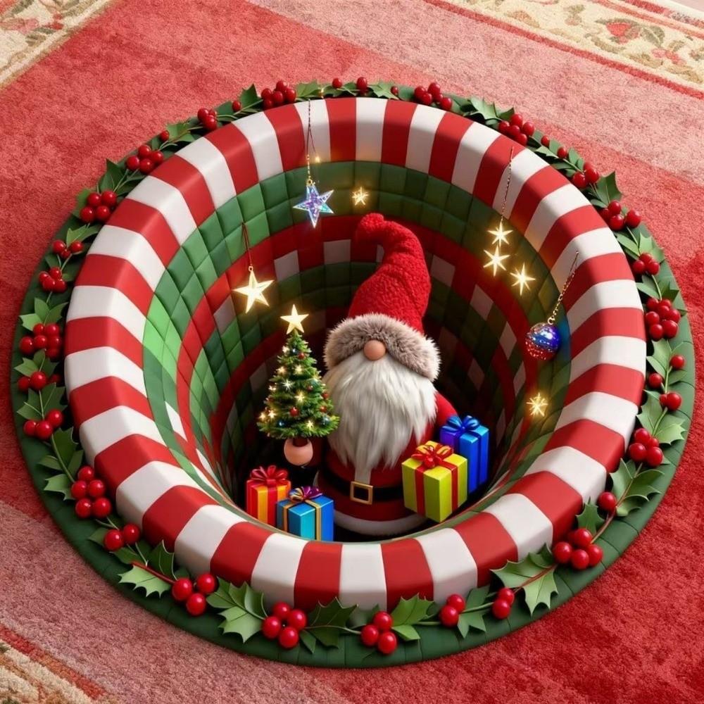 Non-Slip Round Vortex Carpet Santa Claus Christmas Doormat 3D Illusion Rug  Christmas