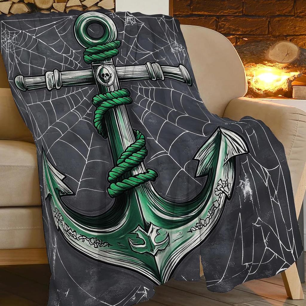 Cool Punk Anchor Skull Cobweb Dark Tone Art Flannel Blanket Soft Warm Throw for Couch Leisure Gothic Nautical Home Decor